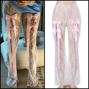 Women Sexy Fashion White Pink Bow Lace Pants