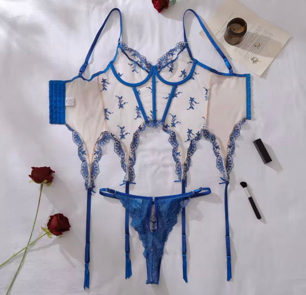 Women Sexy Blue Lace Mesh Lingerie Set