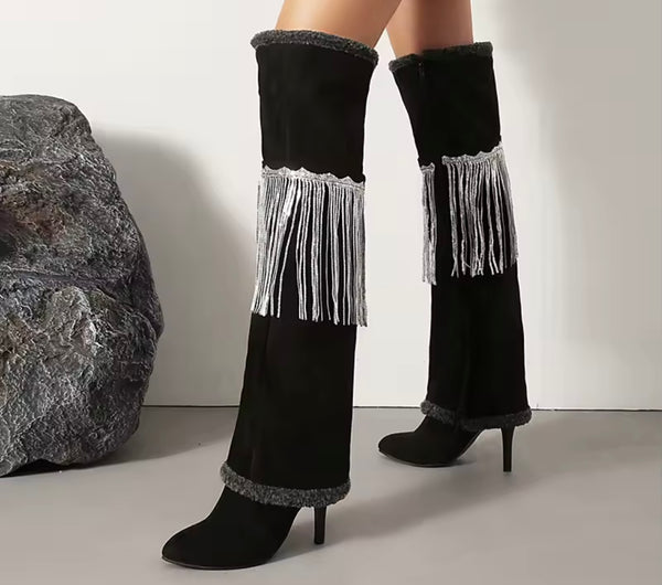 Women Black Furry Suede Tassel Fashion Over The Knee High Heel Boots