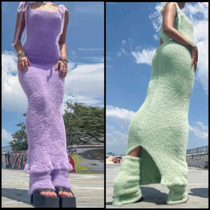 Women Sleeveless Fluffy Maxi Dress Leg Warmer Set