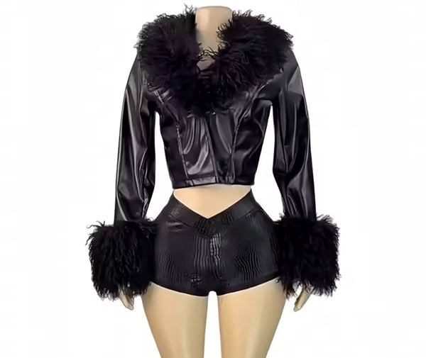 Women Fashion Fur Patchwork PU Jacket Two Piece Short Set