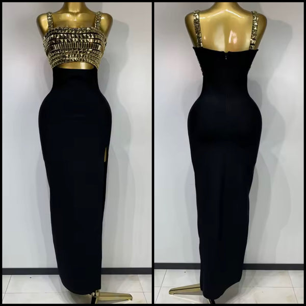 Women Black Sleeveless Sexy Gold Rivet Maxi Dress
