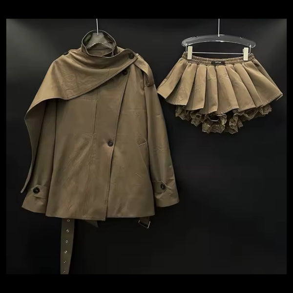 Women Brown Button Buckled Windbreaker Two Piece Pleated Skirt Set