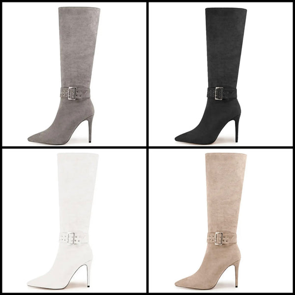 Women Pointed Toe Suede Buckled Knee High Boots