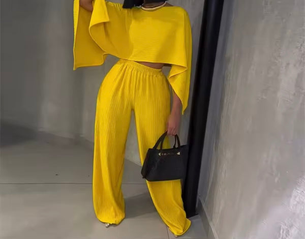 Women Solid Color Full Flare Sleeve Fashion Two Piece Pant Set