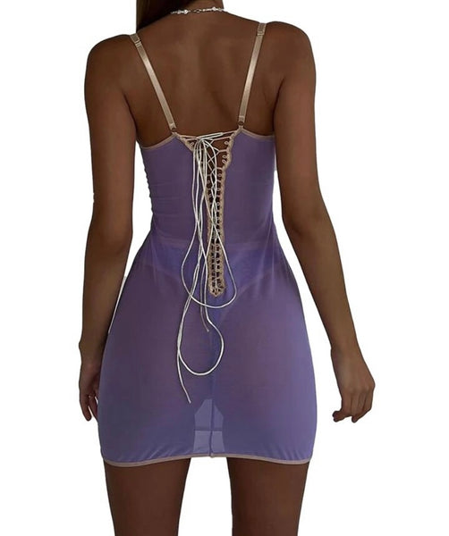 Women Sexy Sleeveless See Through Lace Up Lingerie Set