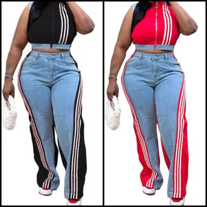Women Zip Up Sleeveless Striped Color Denim Patchwork Two Piece Pant Set