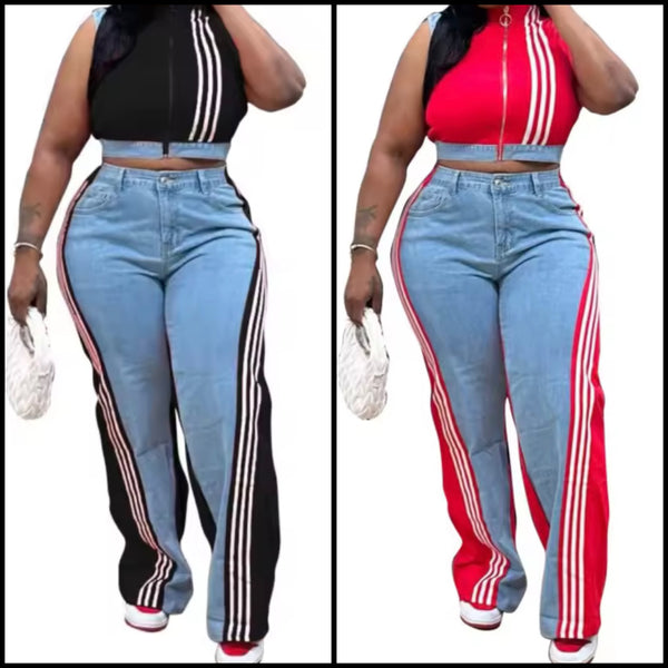 Women Zip Up Sleeveless Striped Color Denim Patchwork Two Piece Pant Set