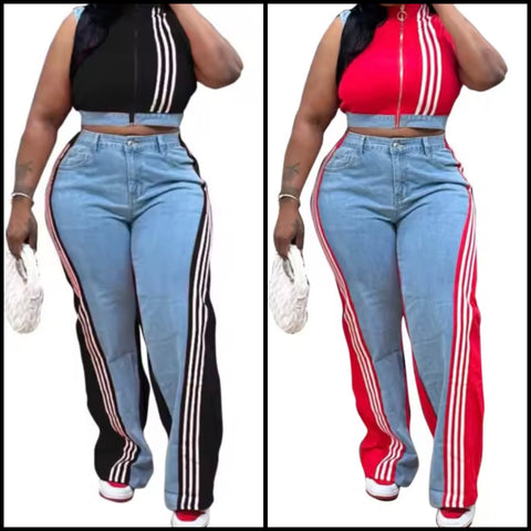 Women Zip Up Sleeveless Striped Color Denim Patchwork Two Piece Pant Set