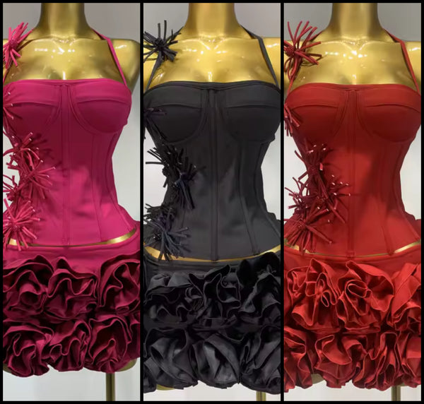 Women Sexy Halter Sleeveless 3D Floral Two Piece Skirt Set