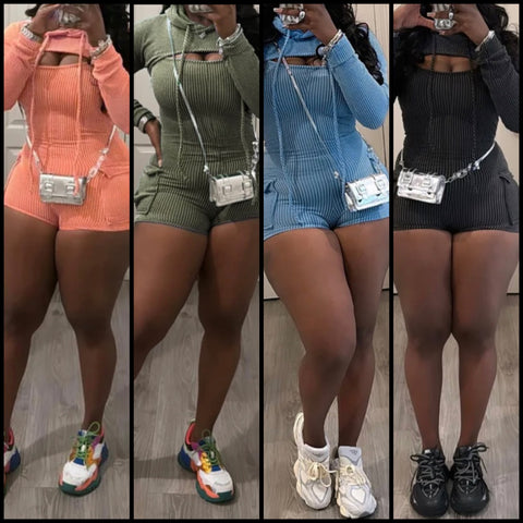 Women Sexy Fashion Hooded Ribbed Two Piece Romper