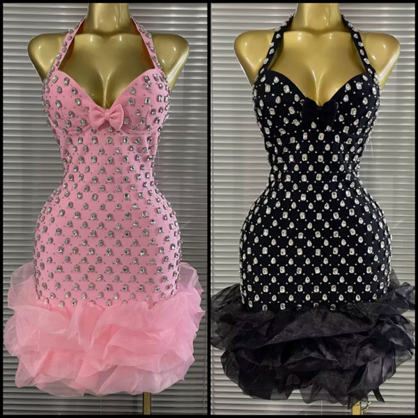 Women Sexy Halter Sleeveless Rhinestone Ruffle Dress