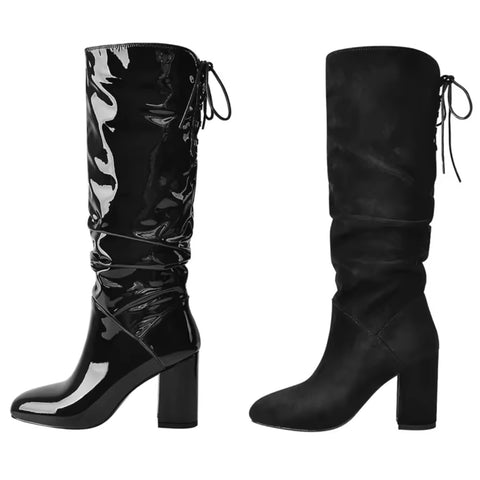 Women Fashion Black Patent Leather/Suede Tie Up Knee High Boots