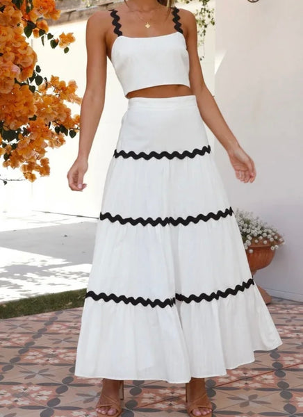 Women Sexy Sleeveless Striped Ruffled Two Piece Maxi Skirt Set