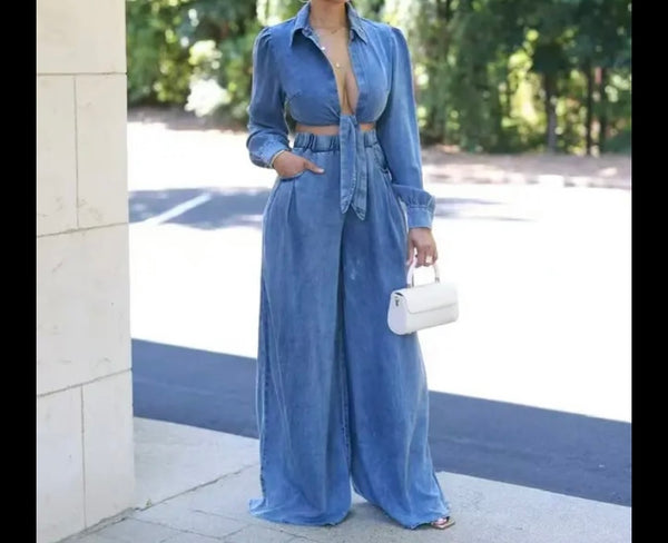 Women Sexy Fashion Denim Two Piece Full Sleeve Wide Leg Pant Set