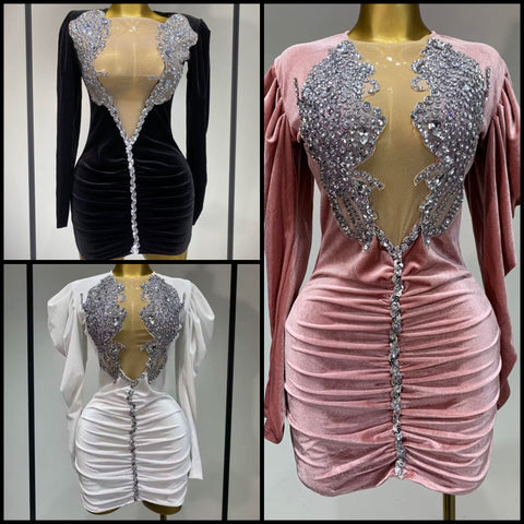 Women Sexy Velour Rhinestone Mesh Full Sleeve Ruched Dress