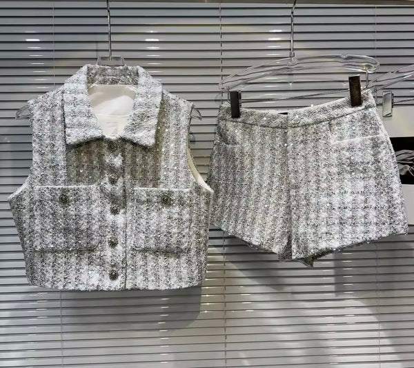 Women Button Up Sleeveless Tweed Two Piece Short Set