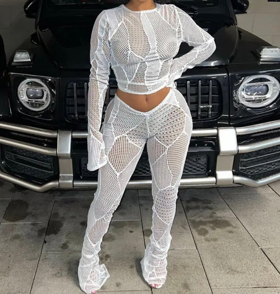 Women Sexy See Through Full Sleeve Two Piece Pant Set