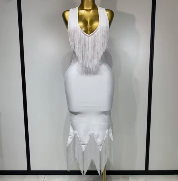Women Sexy Sleeveless Fringe Tassel Maxi Dress