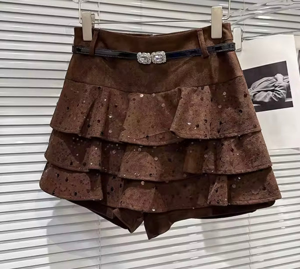 Women Suede Sequins Ruffle Wrap Shorts
