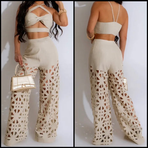 Women Sexy Sleeveless Cut Out Two Piece Pant Set