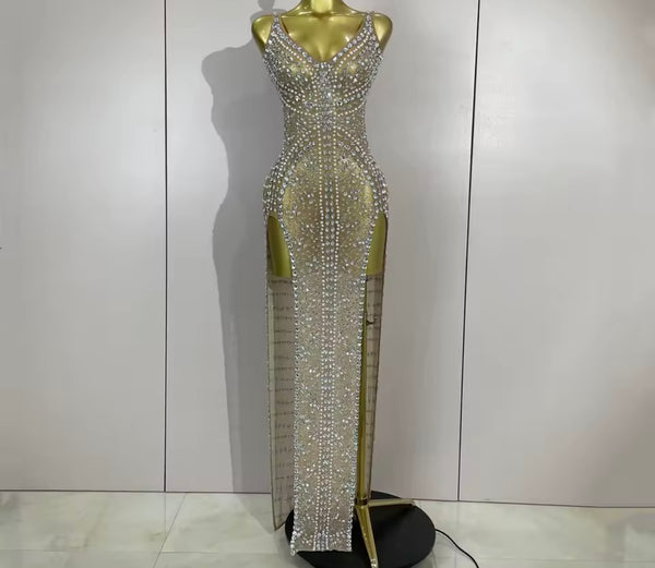 Women Sexy Sleeveless Mesh Rhinestone Maxi Dress