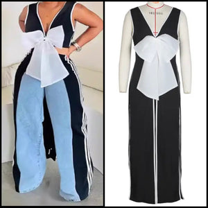 Women Sexy Fashion Sleeveless B&W Bow Long Top