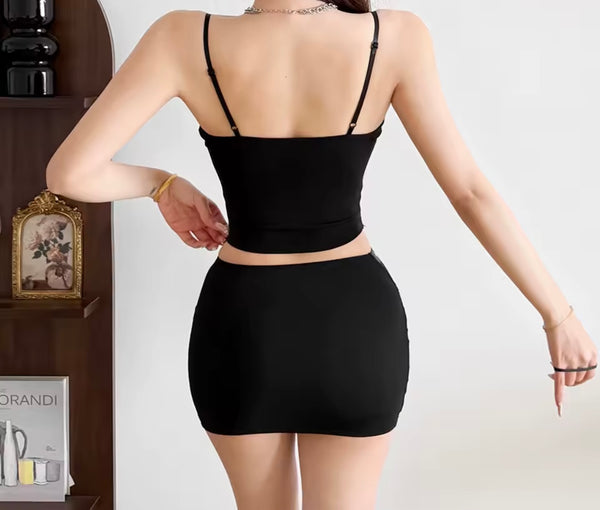 Women Sexy Black Sleeveless Mesh Rivet Patchwork Two Piece Skirt Set