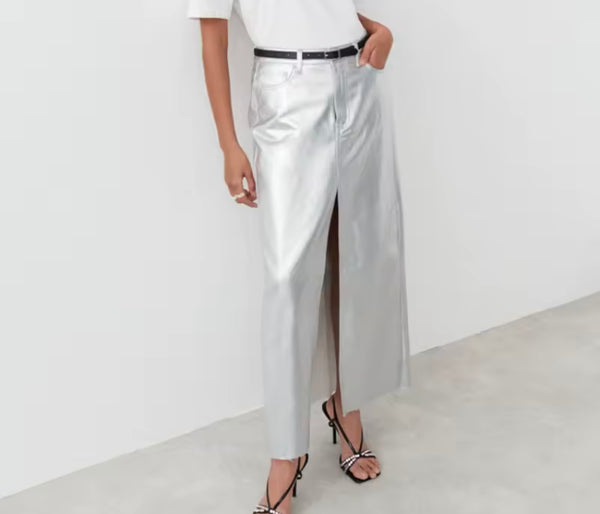 Women Silver Front Split Fashion Faux Leather Maxi Skirt