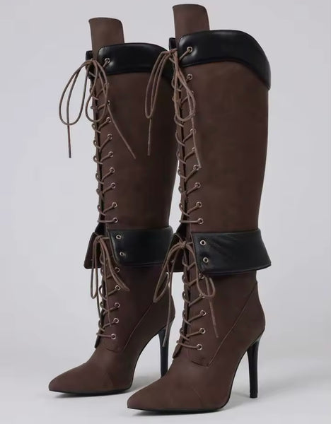 Women Fashion Pointed Toe Suede Tie Up Knee High Boots