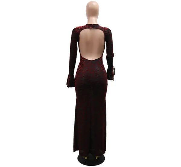Women Sexy Mesh Patchwork Full Sleeve Open Back Velour Maxi Dress