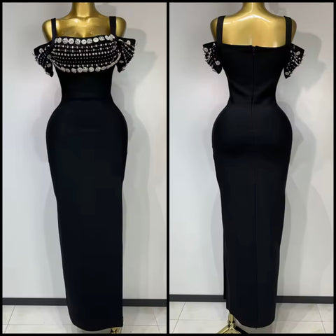 Women Sleeveless Rhinestone Crystal Black Bandage Maxi Dress