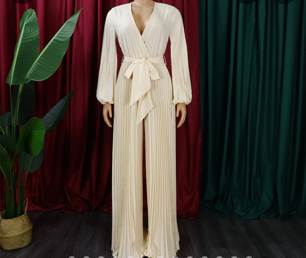 Women Sexy V-Neck Full Sleeve Belted Pleated Jumpsuit