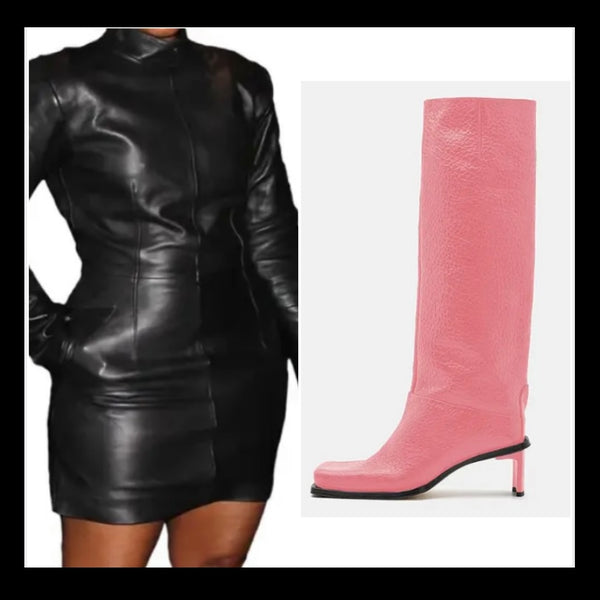 Women Square Toe Faux Leather Fashion Knee High Boots