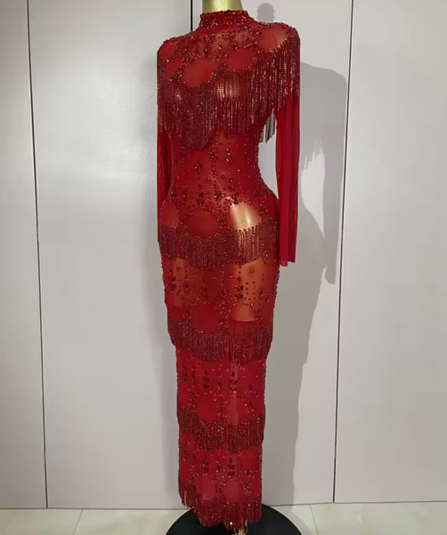 Women Sexy Red Beaded Crystal Tassel Mesh Maxi Dress