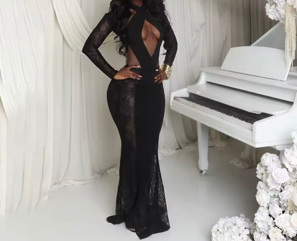 Women Sexy Halter Black Lace Full Sleeve Maxi Dress