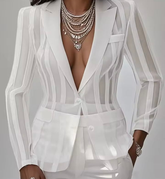 Women White See Through Mesh Fashion Full Sleeve Blazer Top