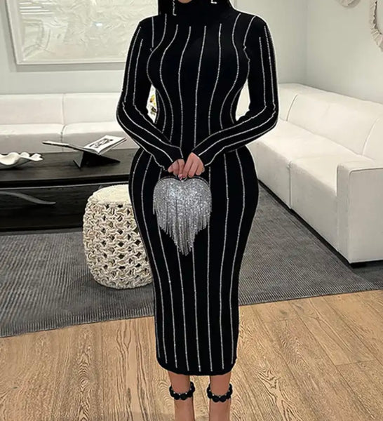 Women Black Bling Striped Full Sleeve Sexy Fashion Maxi Dress