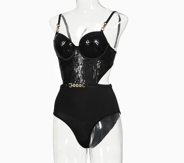 Women Black Sexy Sleeveless Sequins Bodysuit Lingerie