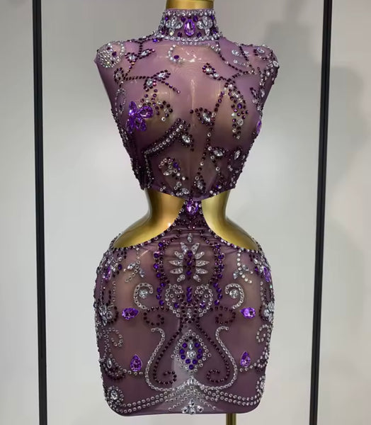Women Sexy Sleeveless Purple Rhinestone Mesh Dress
