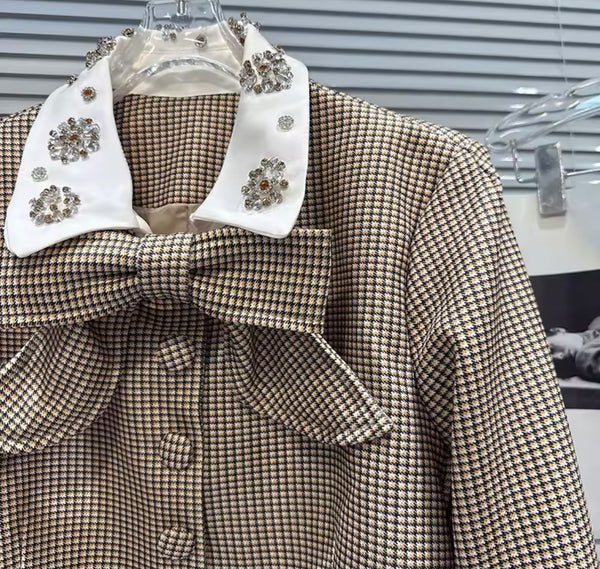 Women Bling Collar Bow Khaki Plaid Two Piece Short Set