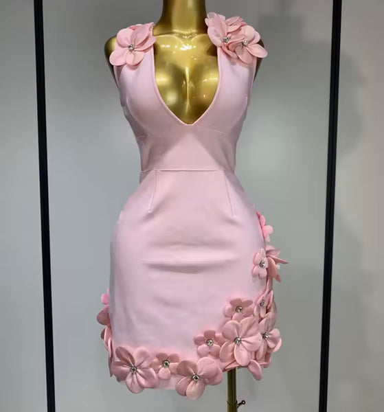 Women Sexy Sleeveless 3D Floral Pink Dress