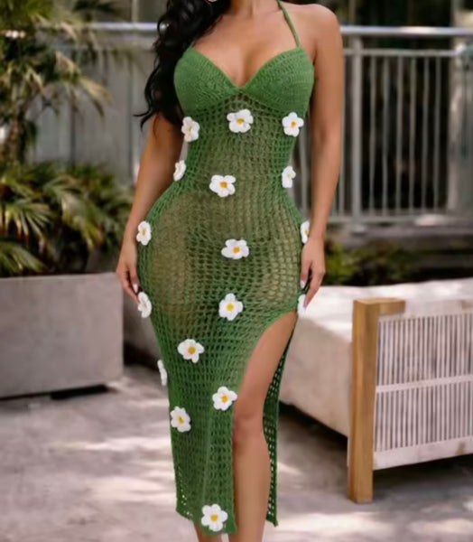 Women Sexy Halter Sleeveless Floral Knitted Maxi Dress