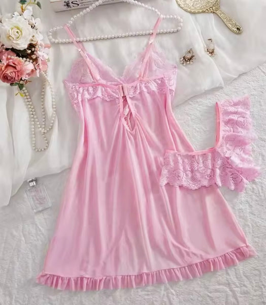 Women Sexy Sleeveless Ruffled Lace Mesh Nightgown Lingerie Set