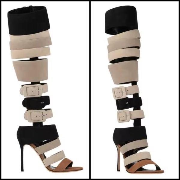 Women Fashion Suede Open Toe Buckled Knee High Sandals
