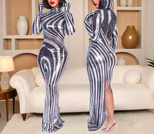 Women Color Patchwork Sparkly Hooded Full Sleeve Maxi Dress