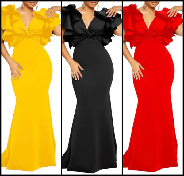 Women Sexy Color Ruffled Short Sleeve Maxi Dress