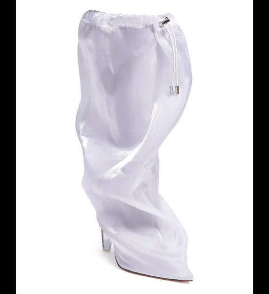 Women White Drawstring Clear High Heel Fashion Boots