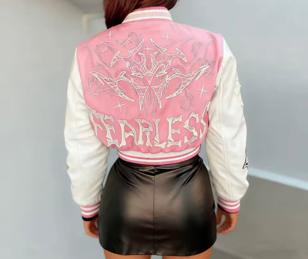Women Fashion Letter Print Button Up Varsity Jacket