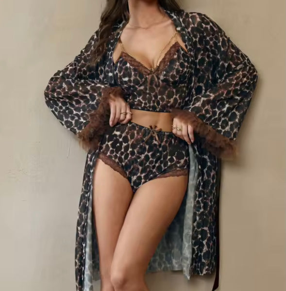 Women Sexy Brown Leopard Print Three Piece Lingerie Set